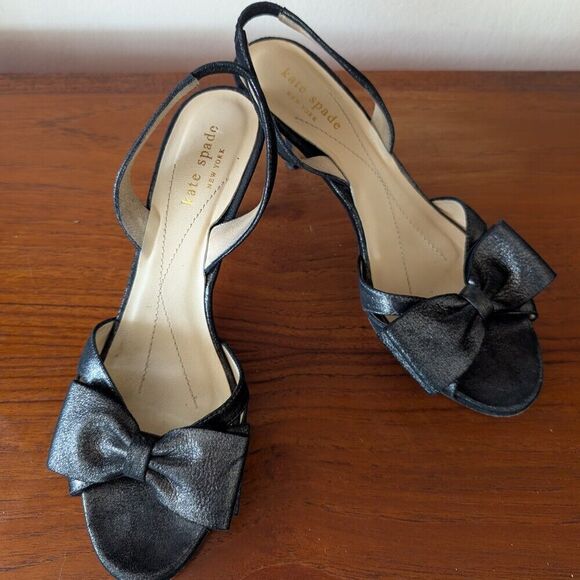 KATE SPADE Glitter Leather Black Slingback  Bow Open Toe Stiletto Fancy  7.5 M - Picture 2 of 9